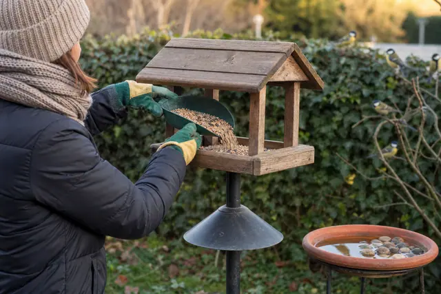 Mangeoire en bois et abreuvoir peu profond installés dans un jardin d’hiver.