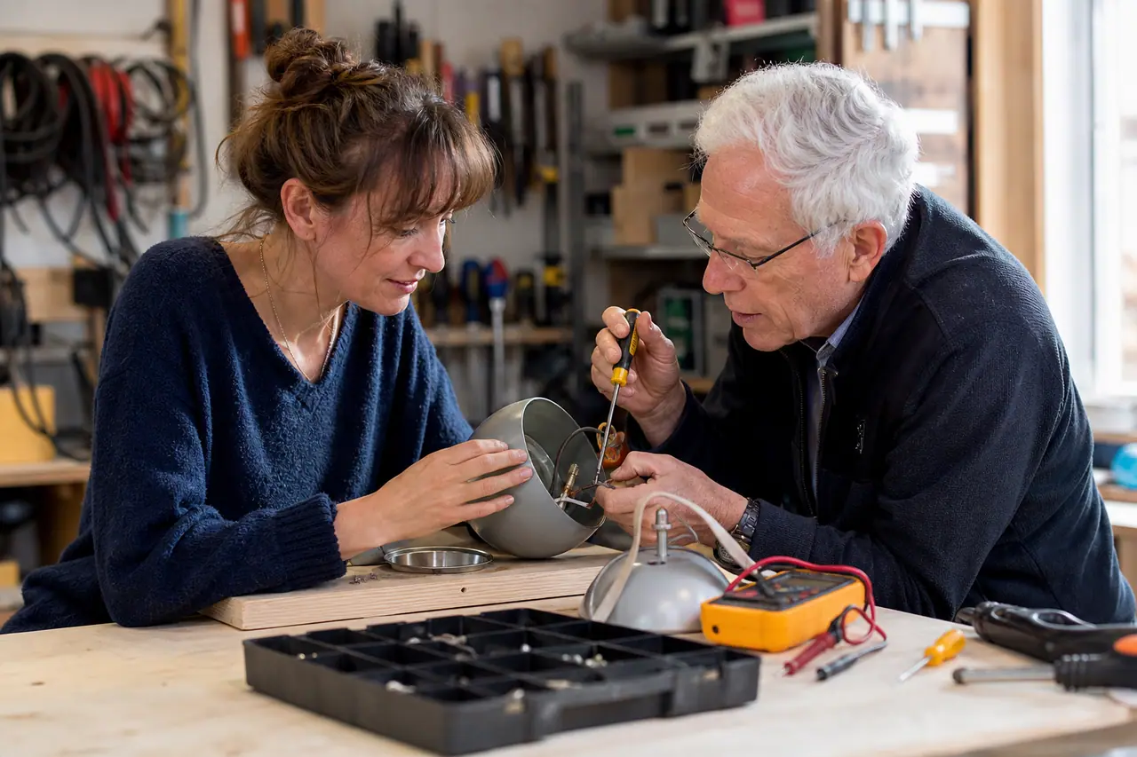 Bénévole et propriétaire réparent ensemble une lampe débranchée sur un établi partagé.