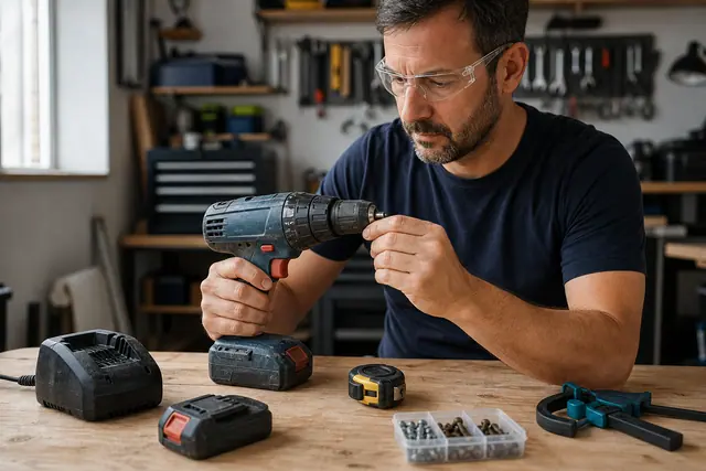 Bricoleur inspectant une perceuse sans fil d’occasion sur un établi