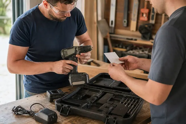Deux particuliers vérifient une perceuse et ses accessoires sur un établi.