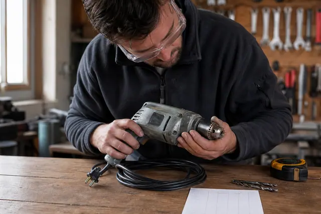 Particulier inspectant une perceuse filaire d’occasion sur un établi avant achat.