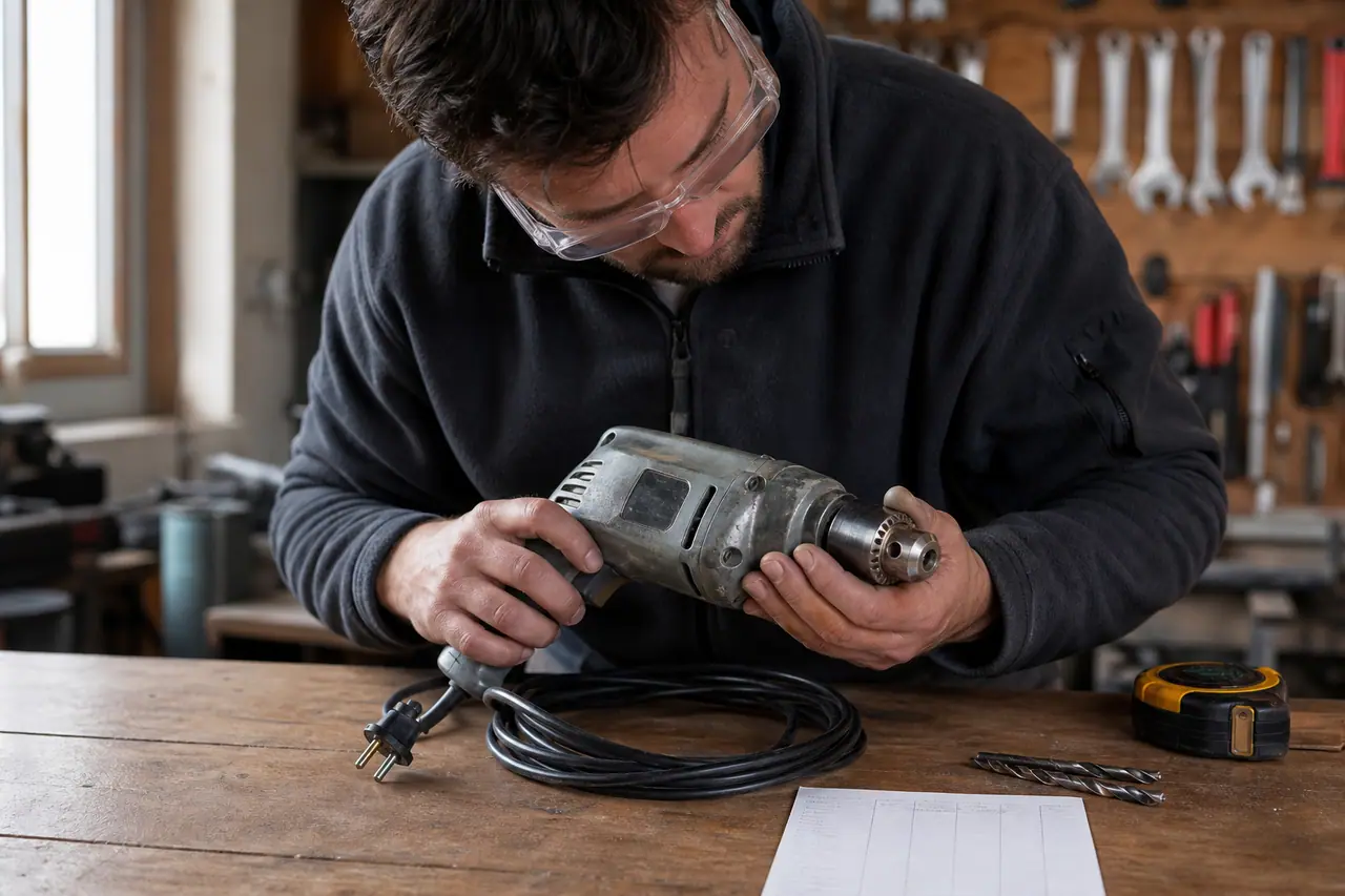 Particulier inspectant une perceuse filaire d’occasion sur un établi avant achat.