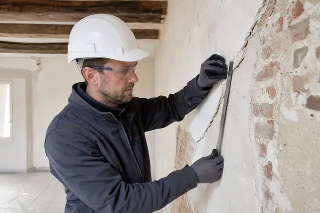 Ingénieur examinant une fissure diagonale sur un mur intérieur ancien.