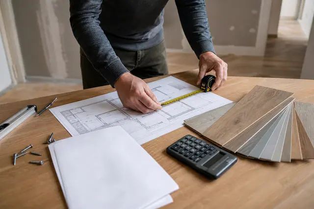 Budget de rénovation préparé avec mètre, échantillons de sol et outils rangés.