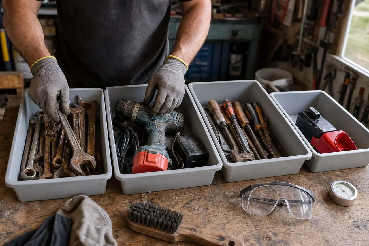 Tri de vieux outils sur établi entre restauration, don et recyclage.
