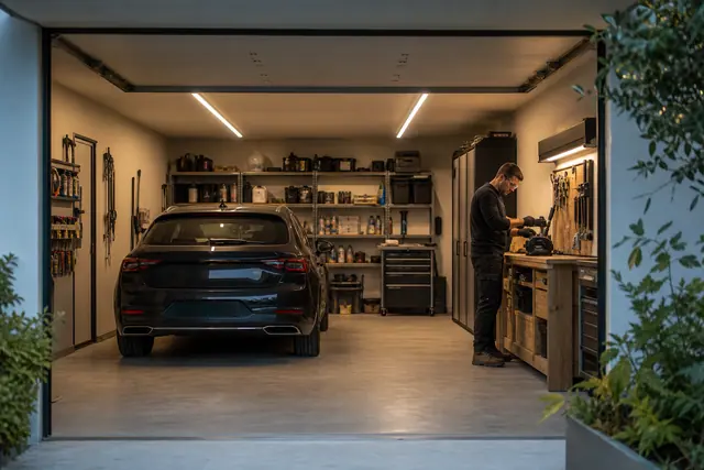 Garage éclairé par réglettes LED avec établi lumineux et voiture stationnée.