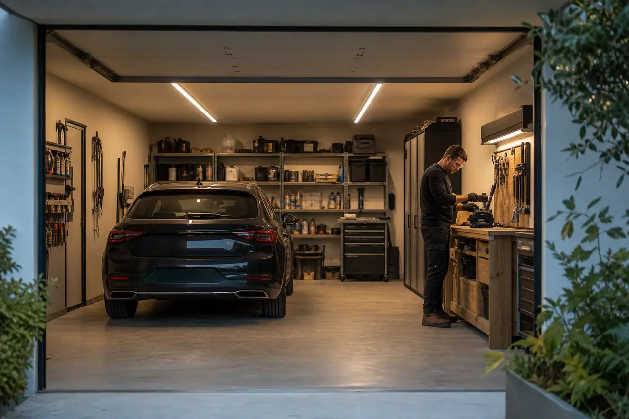 Garage éclairé par réglettes LED avec établi lumineux et voiture stationnée.
