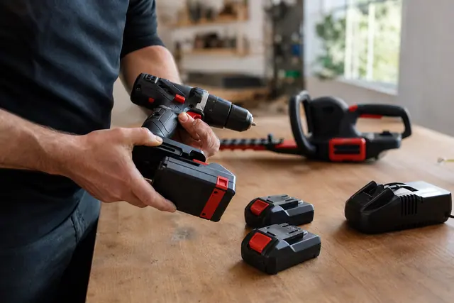 Bricoleur installant une batterie 18 V sur une perceuse sans fil.