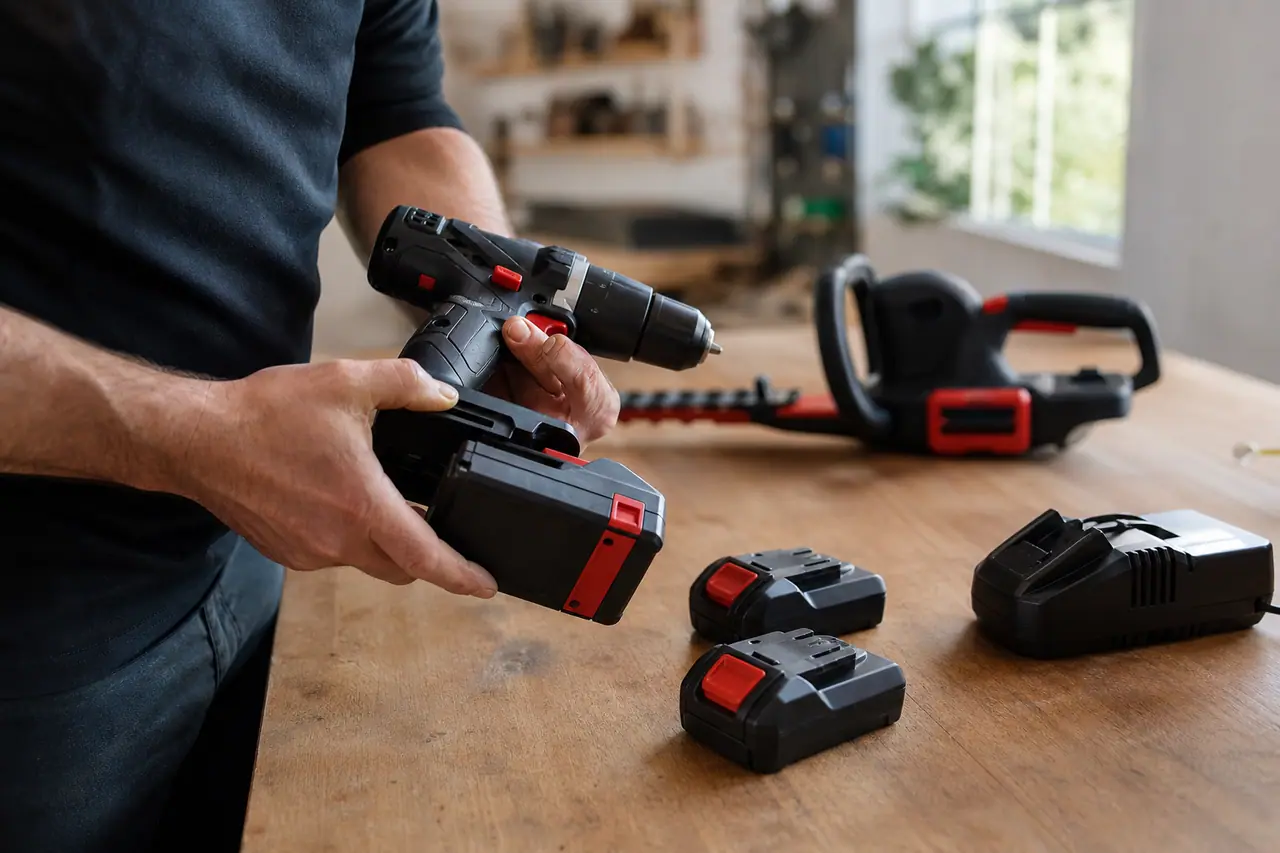 Bricoleur installant une batterie 18 V sur une perceuse sans fil.