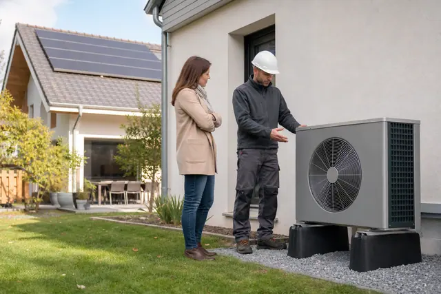 Propriétaire et installateur devant une pompe à chaleur sous un toit solaire