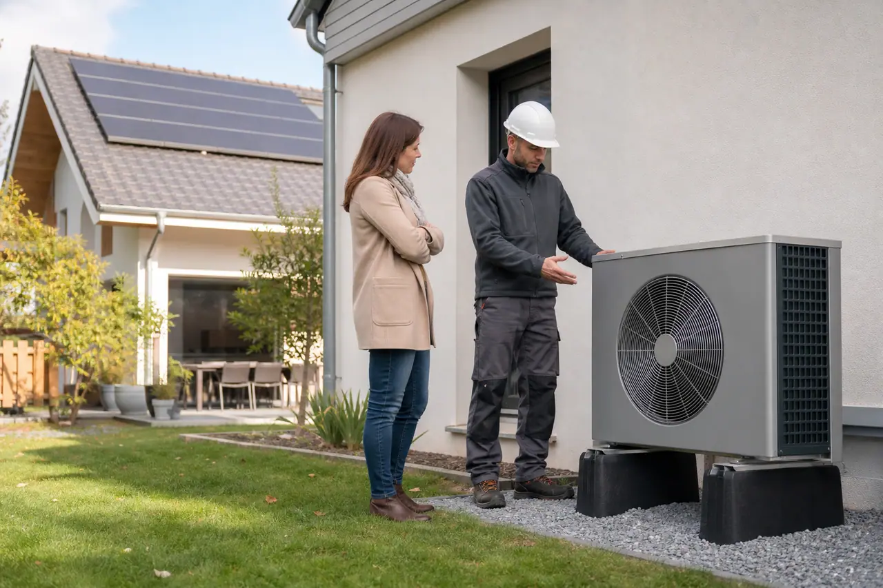 Propriétaire et installateur devant une pompe à chaleur sous un toit solaire