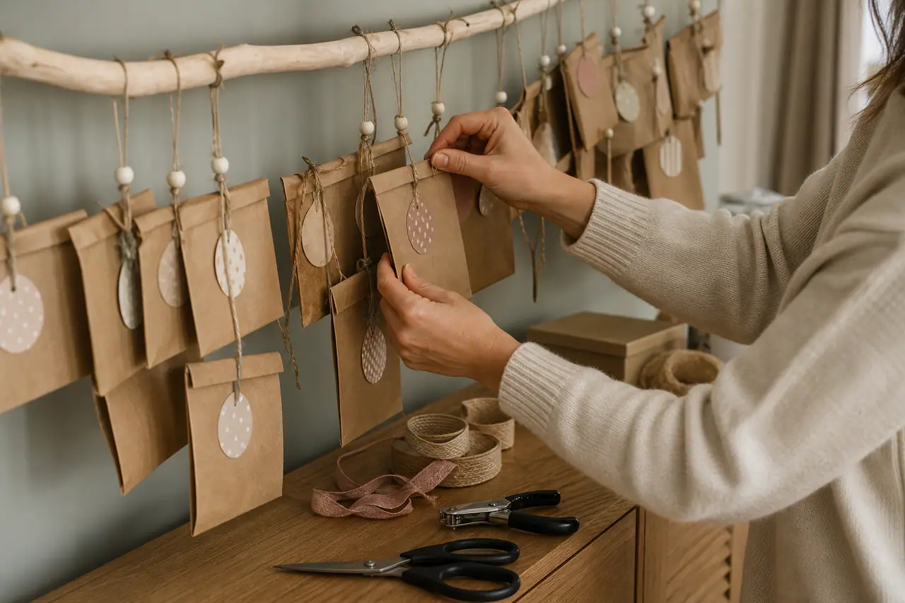 Calendrier de l’Avent en sachets kraft suspendus à une branche en bois.