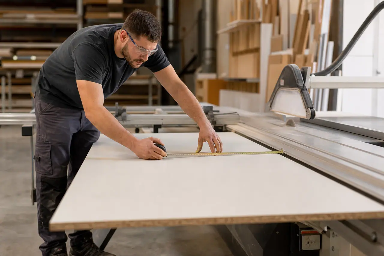 Employé mesurant un panneau mélaminé avant découpe dans un atelier de bricolage