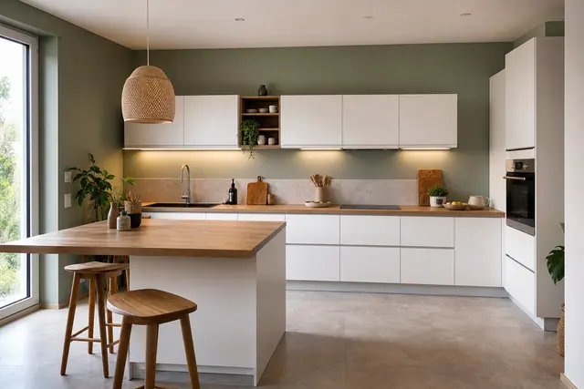Cuisine blanche et bois avec mur vert sauge et sol minéral grège.