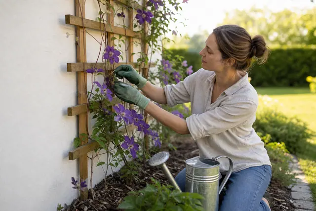 Jardinière guidant une clématite sur un treillage devant un mur sain.