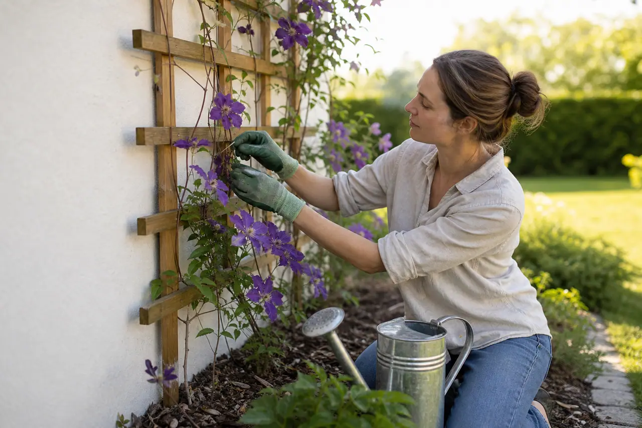Jardinière guidant une clématite sur un treillage devant un mur sain.