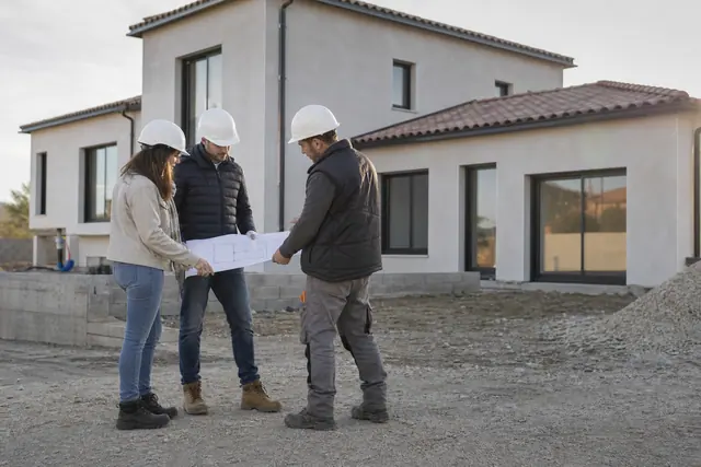Couple et conducteur de travaux vérifiant les plans devant une maison en chantier.