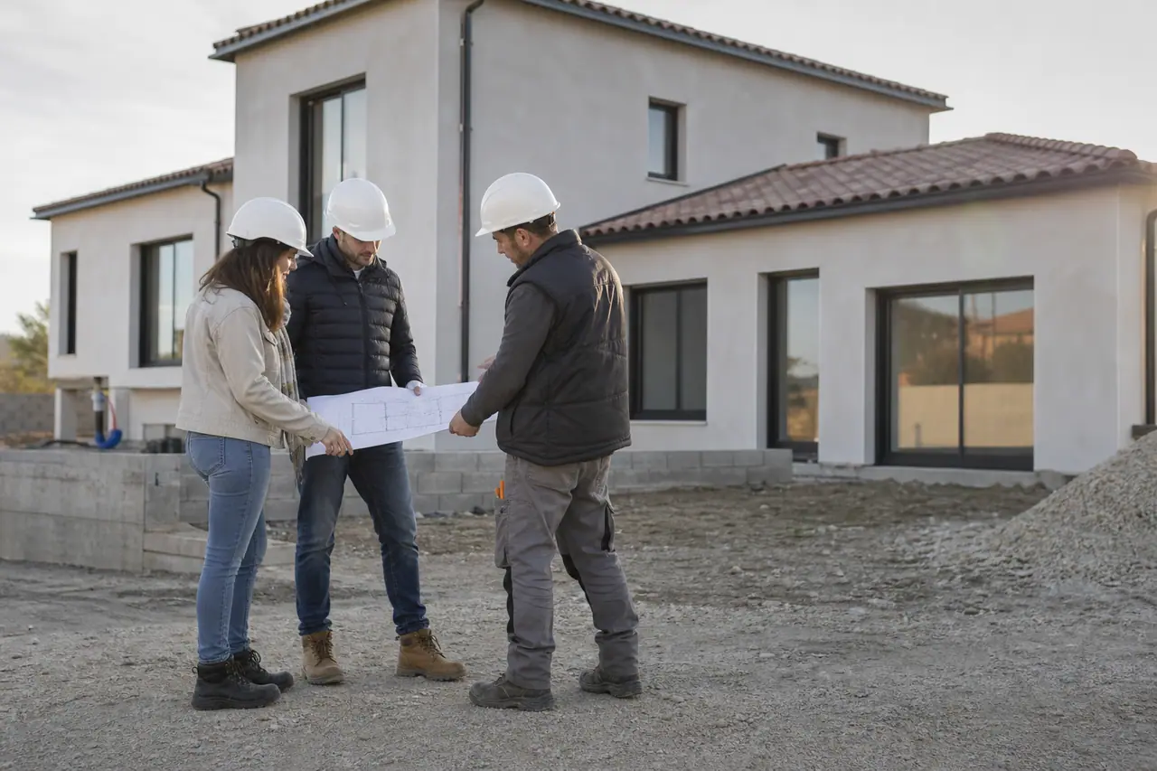 Couple et conducteur de travaux vérifiant les plans devant une maison en chantier.