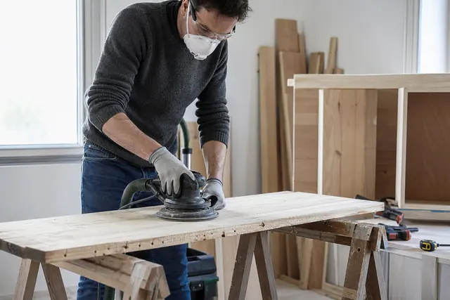 Bricoleur ponçant une planche de palette sur tréteaux dans un atelier lumineux.