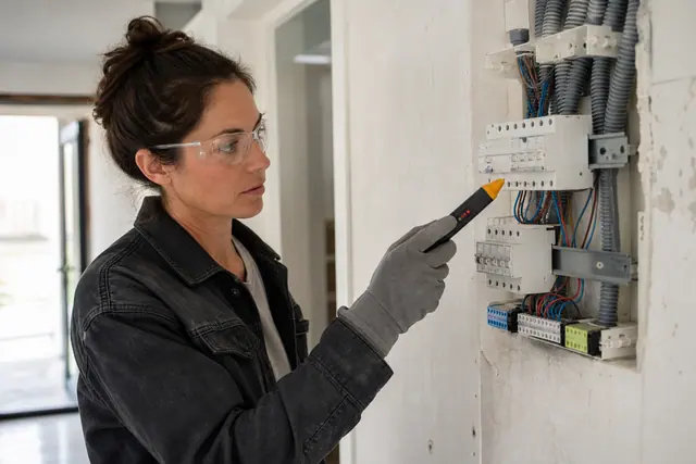 Électricienne équipée contrôlant un tableau électrique résidentiel hors tension.