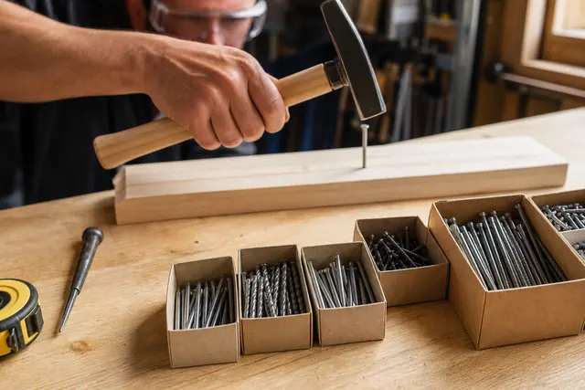 Différents clous posés sur un établi en bois près d’un marteau.