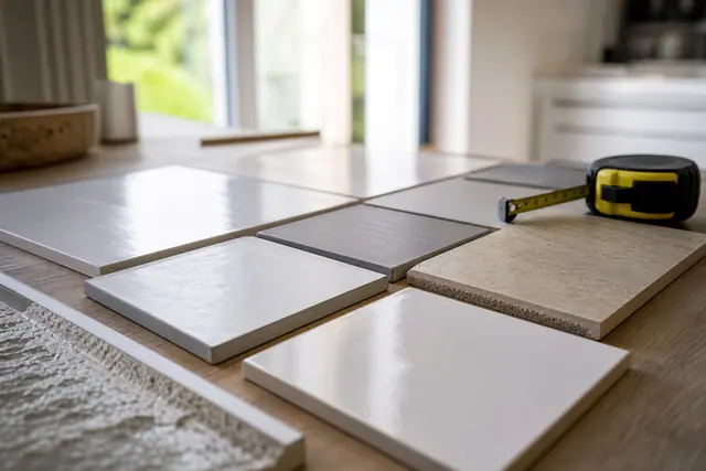 Échantillons de carreaux émaillés brillants et mats sur un établi de rénovation.