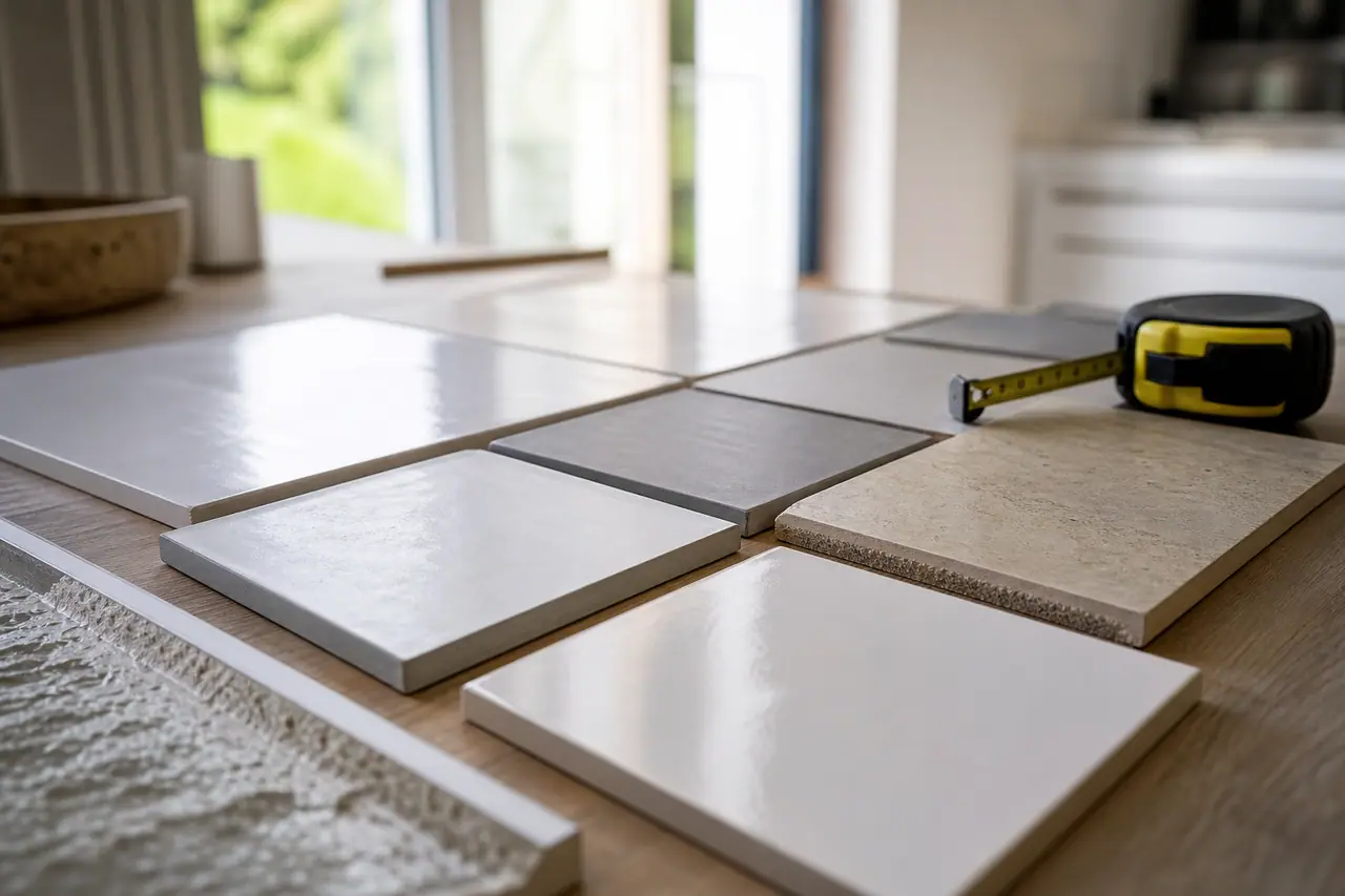 Échantillons de carreaux émaillés brillants et mats sur un établi de rénovation.