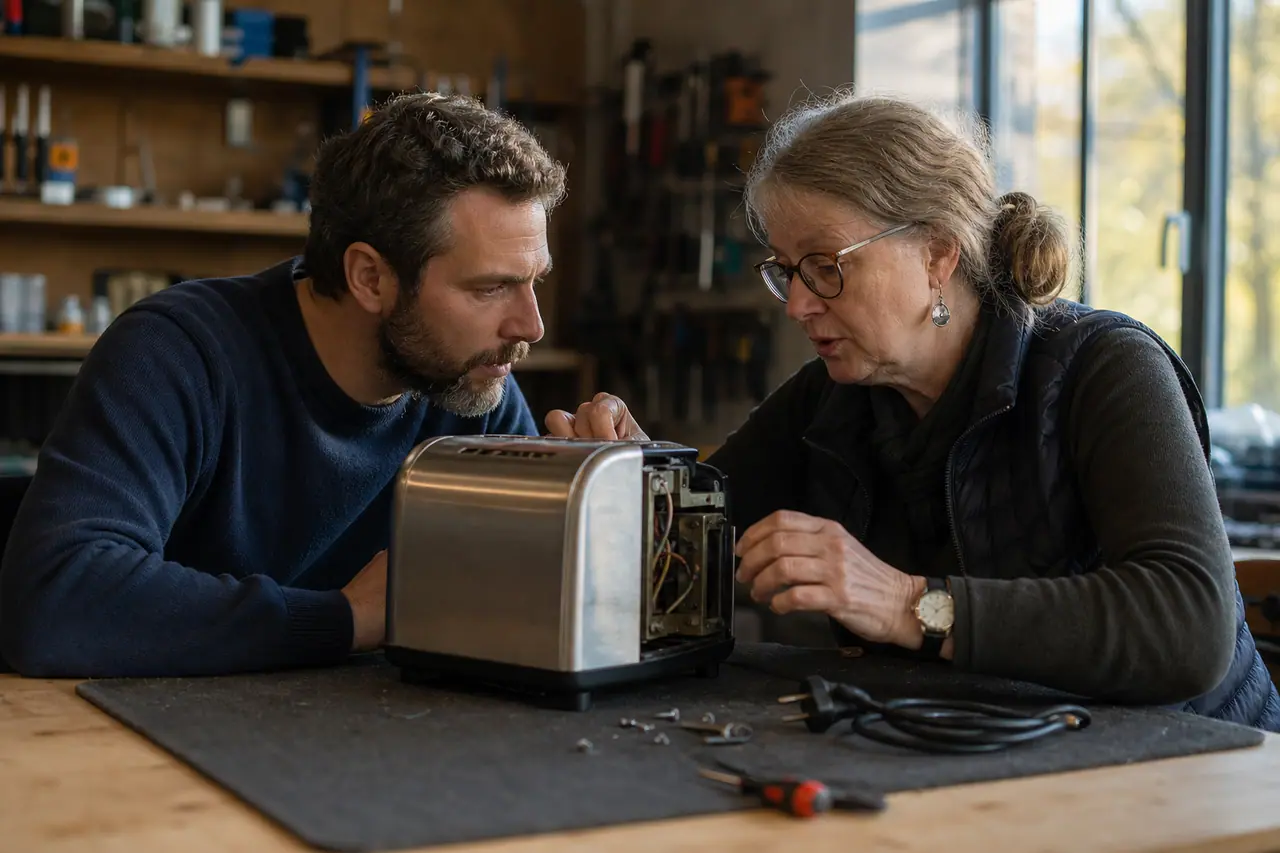 Visiteur et bénévole examinant un grille-pain débranché dans un atelier associatif.