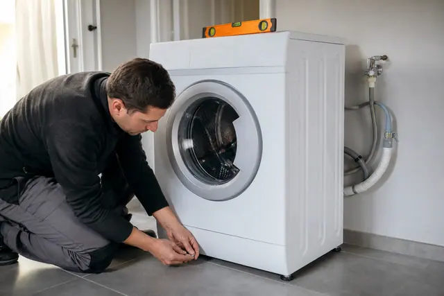 Installateur réglant les pieds d’un lave-linge devant ses raccordements accessibles