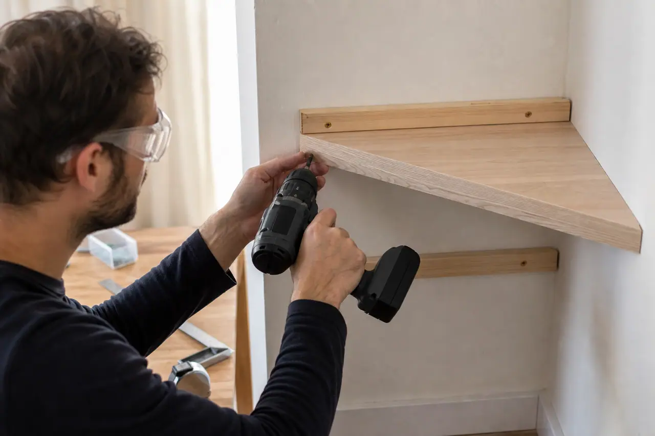 Pose au niveau d’une étagère triangulaire en bois sur tasseaux muraux.