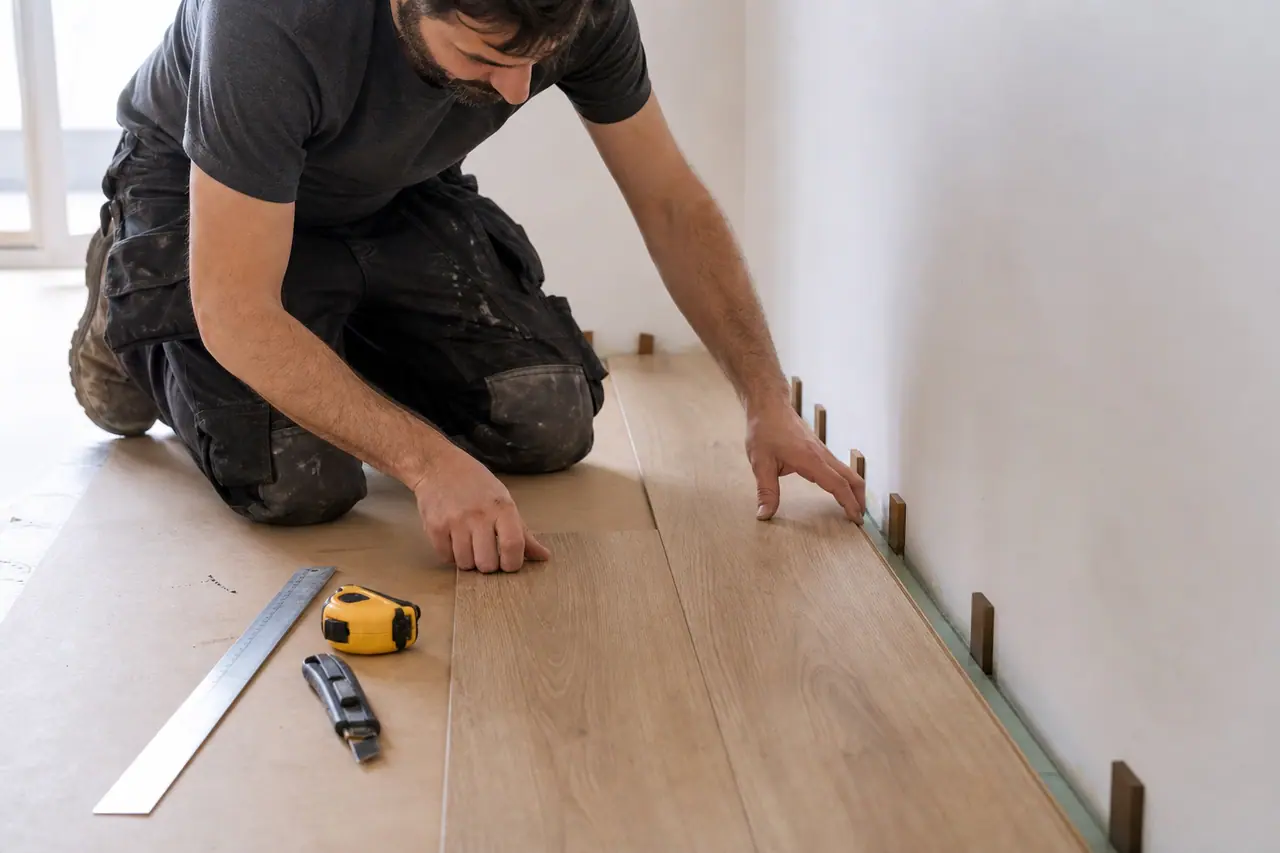 Bricoleur ajustant une lame PVC près d’un mur avec cales de dilatation
