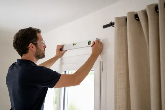 Pose de supports de tringle au niveau au-dessus d’une fenêtre intérieure.