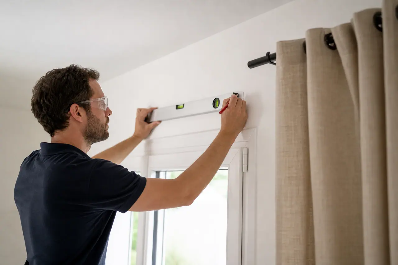 Pose de supports de tringle au niveau au-dessus d’une fenêtre intérieure.