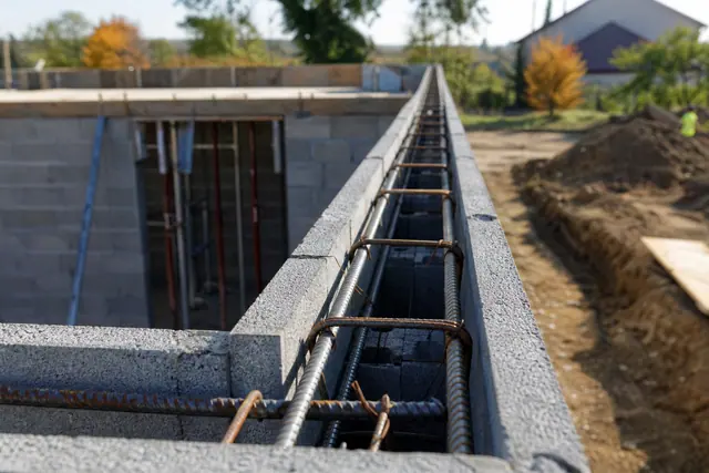 Ferraillage continu dans un chaînage horizontal en parpaings en U avant coulage du béton