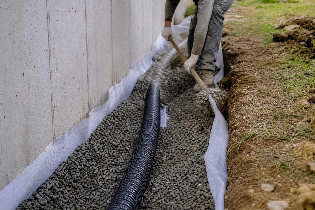 Tranchée de drainage avec drain perforé et gravier au pied d'un mur de fondation