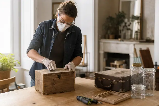 Préparation d’une caisse en bois récupérée dans un atelier lumineux.