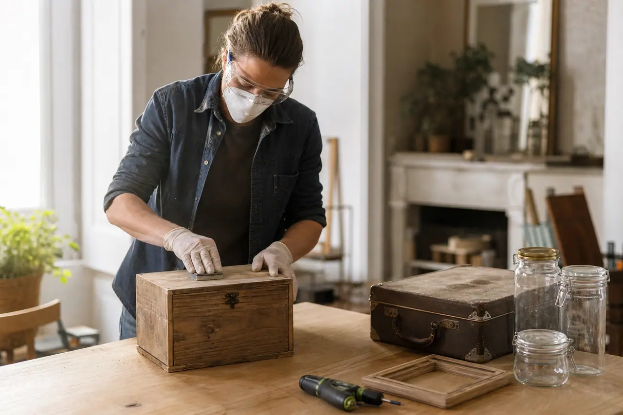 Préparation d’une caisse en bois récupérée dans un atelier lumineux.