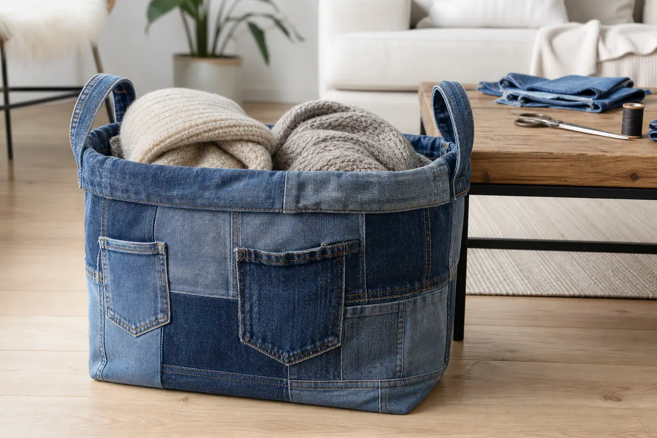 Panier de rangement doublé fabriqué avec des panneaux et poches de jeans bleus.