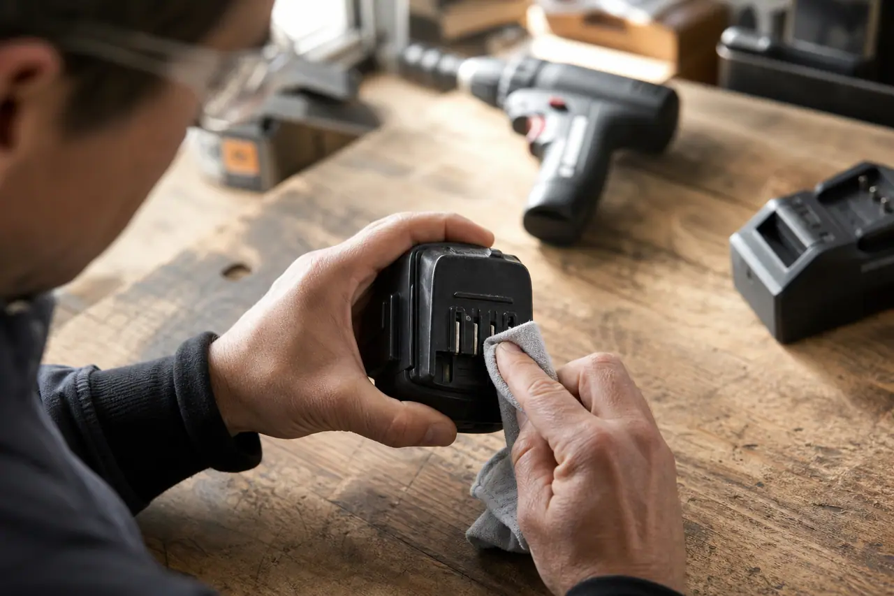 Contrôle des contacts d’une batterie d’outil sans fil sur un établi.