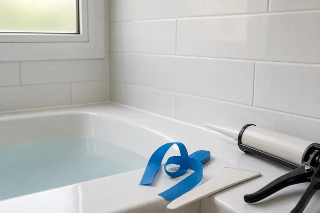Joint silicone blanc neuf lissé entre une baignoire et une faïence murale claire