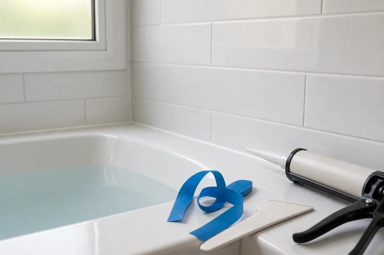 Joint silicone blanc neuf lissé entre une baignoire et une faïence murale claire