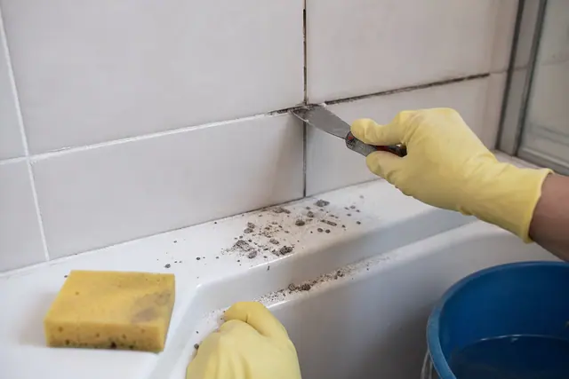 Joints de carrelage de douche en cours de grattage avant rejointoiement