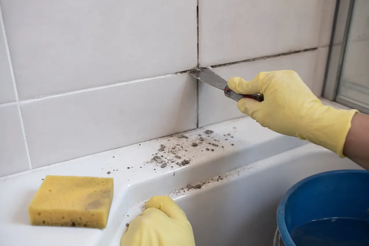 Joints de carrelage de douche en cours de grattage avant rejointoiement