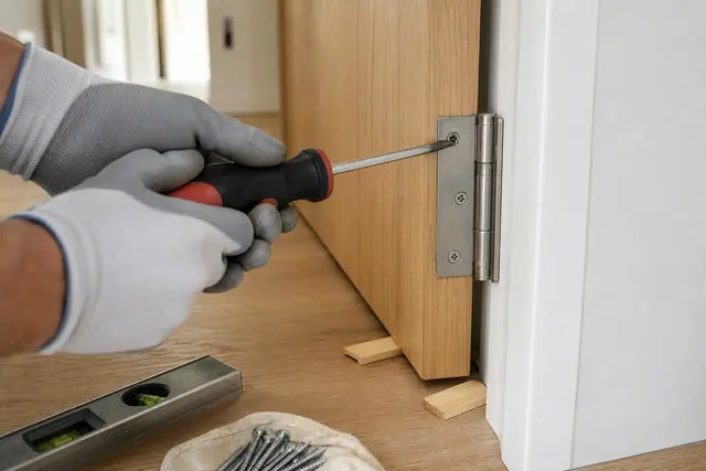 Mains réglant une paumelle de porte intérieure au tournevis, ouvrant calé par des coins de bois