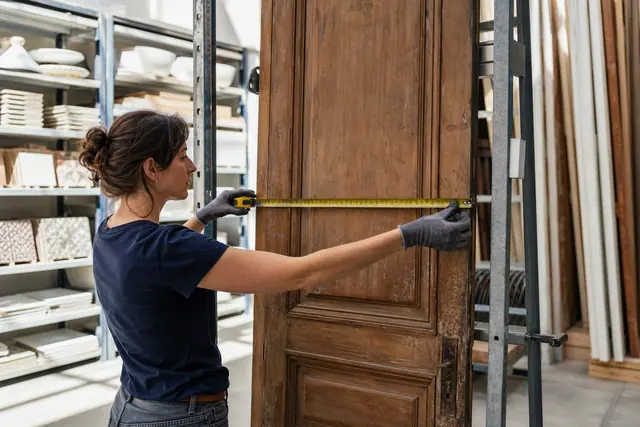 Bricoleuse mesurant une porte ancienne dans une matériauthèque bien organisée.