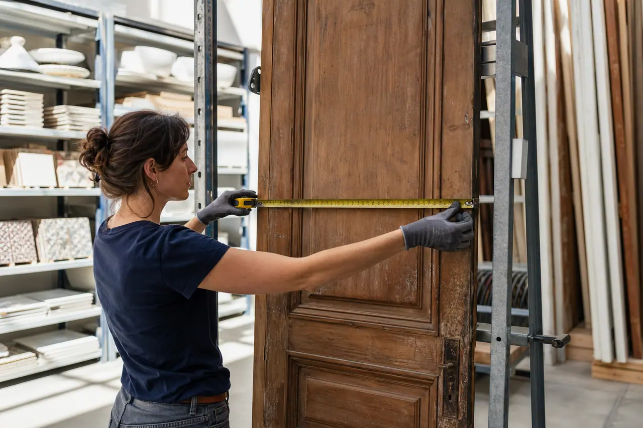 Bricoleuse mesurant une porte ancienne dans une matériauthèque bien organisée.