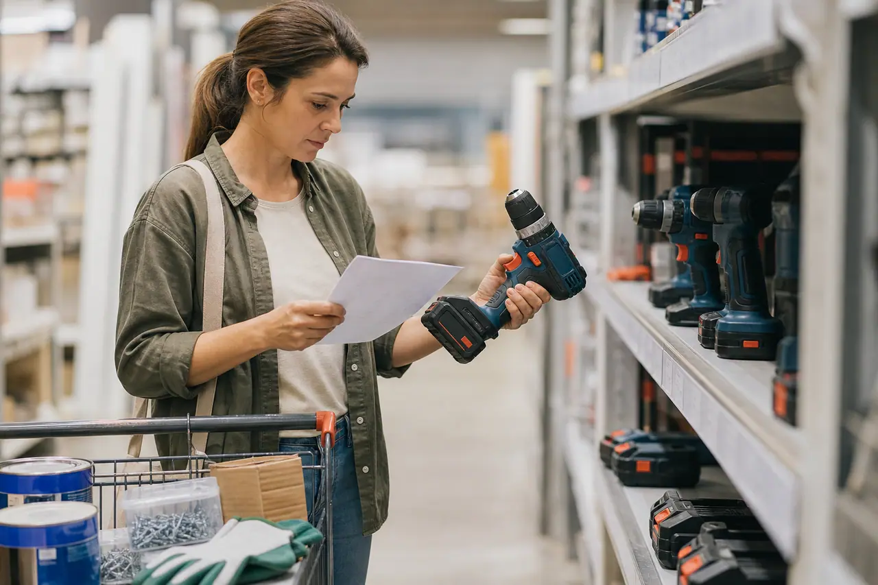 Cliente préparant ses achats d’outillage et de quincaillerie dans un magasin de bricolage.