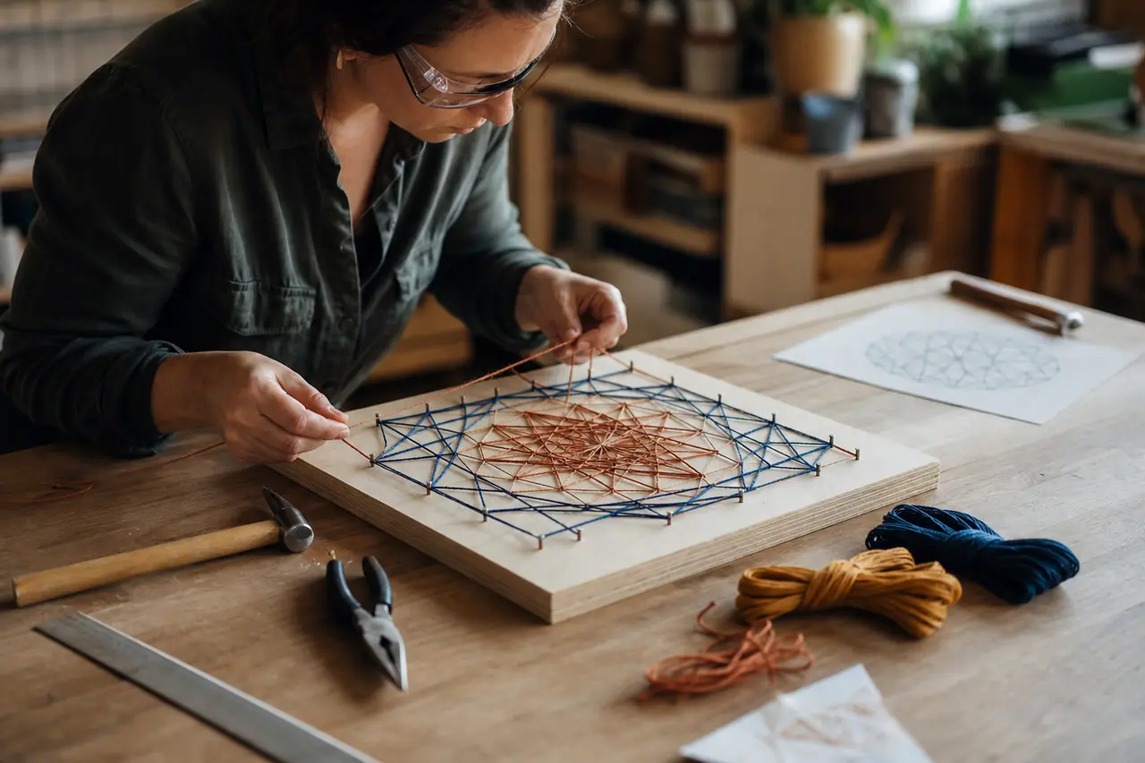 Personne tendant du fil coloré entre des pointes sur une planche en bois.