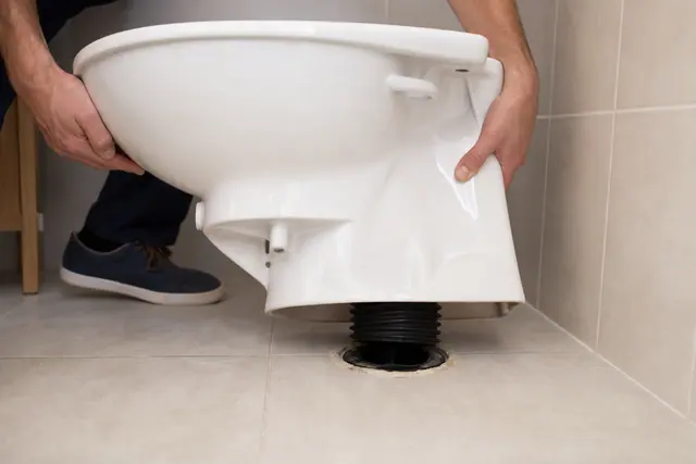 Cuvette de WC démontée au sol laissant apparaître le joint d'évacuation usé