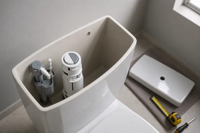 Mécanisme de chasse d'eau double commande neuf posé dans un réservoir de WC ouvert
